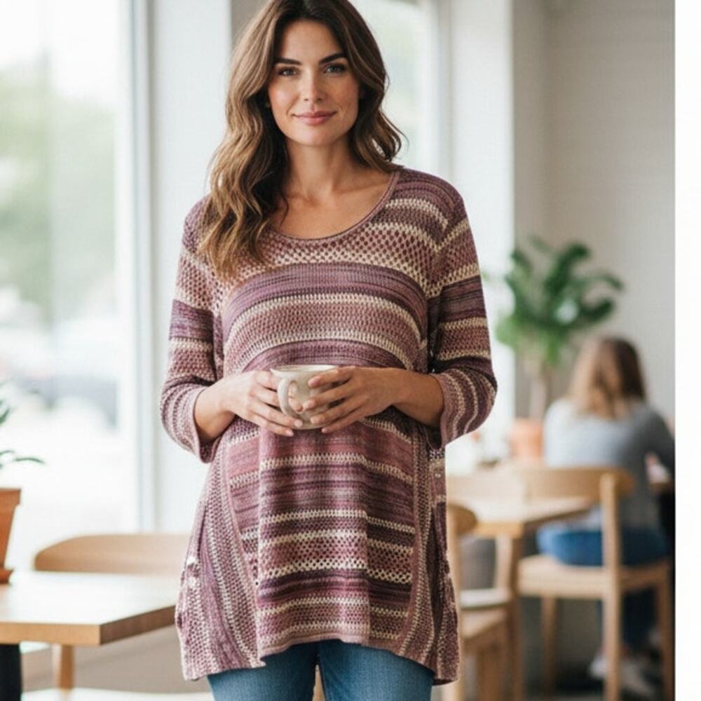Style & Co Open Knit Striped Sweater Womens Size XL Pink Purple Acrylic Pullover